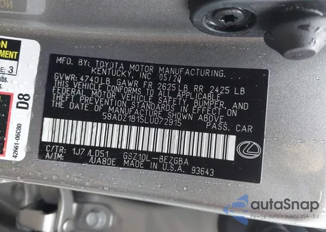 2020 Lexus Es 350 from USA, damaged, VIN 58ADZ1B15LU072915
